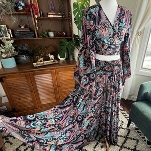 Black Floral Paisley Silk Blend Wide Leg Palazzo Pants & Wrap Top Set OS